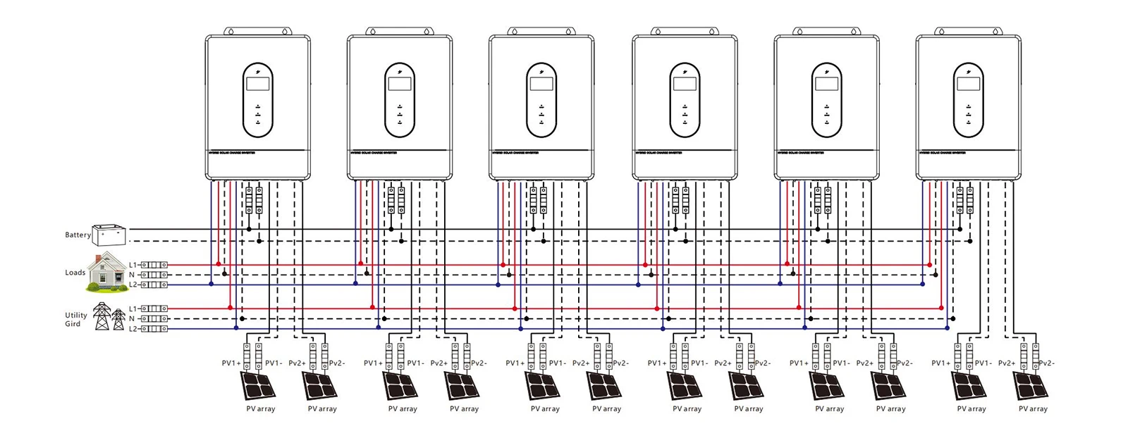 Multiple inverters parallel connection diagram – 10KW split phase hybrid inverter parallel wiring for 2 to 6 units – PV input, battery connection, L1/L2 split phase outputs, grid connection, CAN/RS485 communication cables for load sharing and synchronization – Solvic Power installation schematic