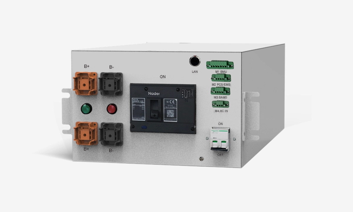 High voltage control box on white background – BMS master control with circuit breakers and communication ports for 51.2V 314Ah LiFePO4 battery modules in C&I energy storage system