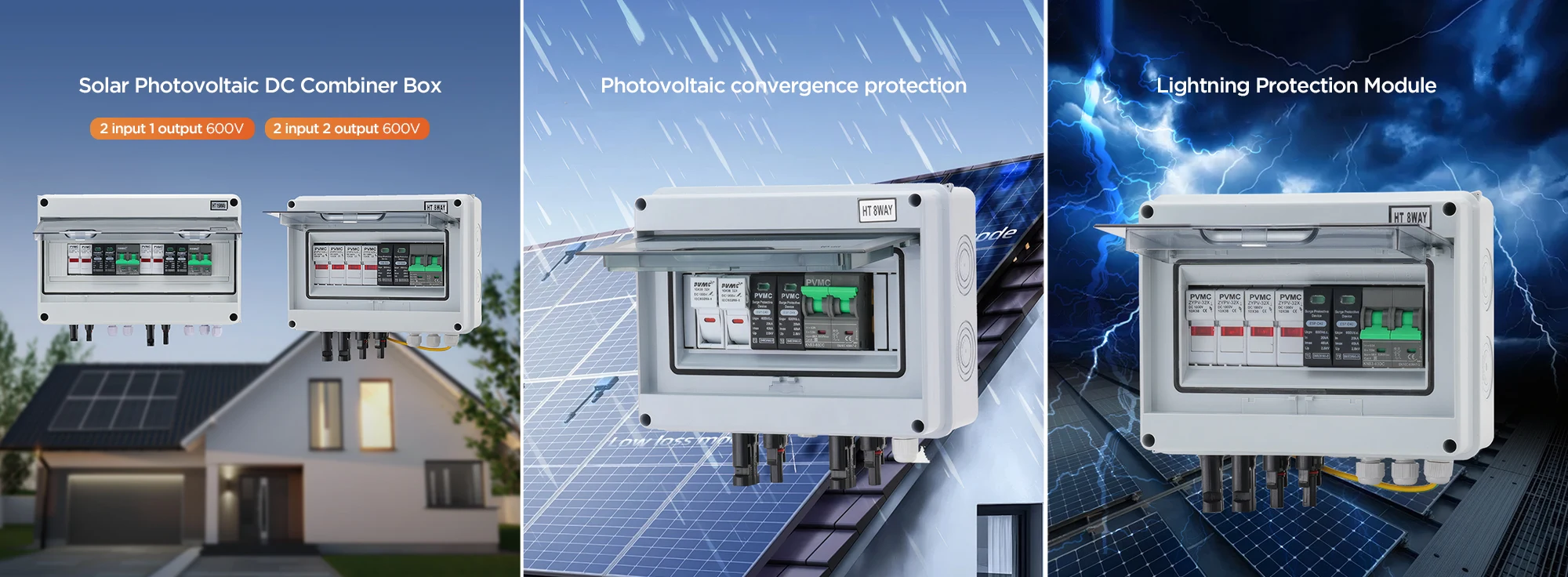 600V solar PV DC combiner box features diagram – dual mode operation: 2 input 1 output 600V and 2 input 2 output 600V, photovoltaic convergence protection, lightning protection module SPD for flexible multi-string solar systems