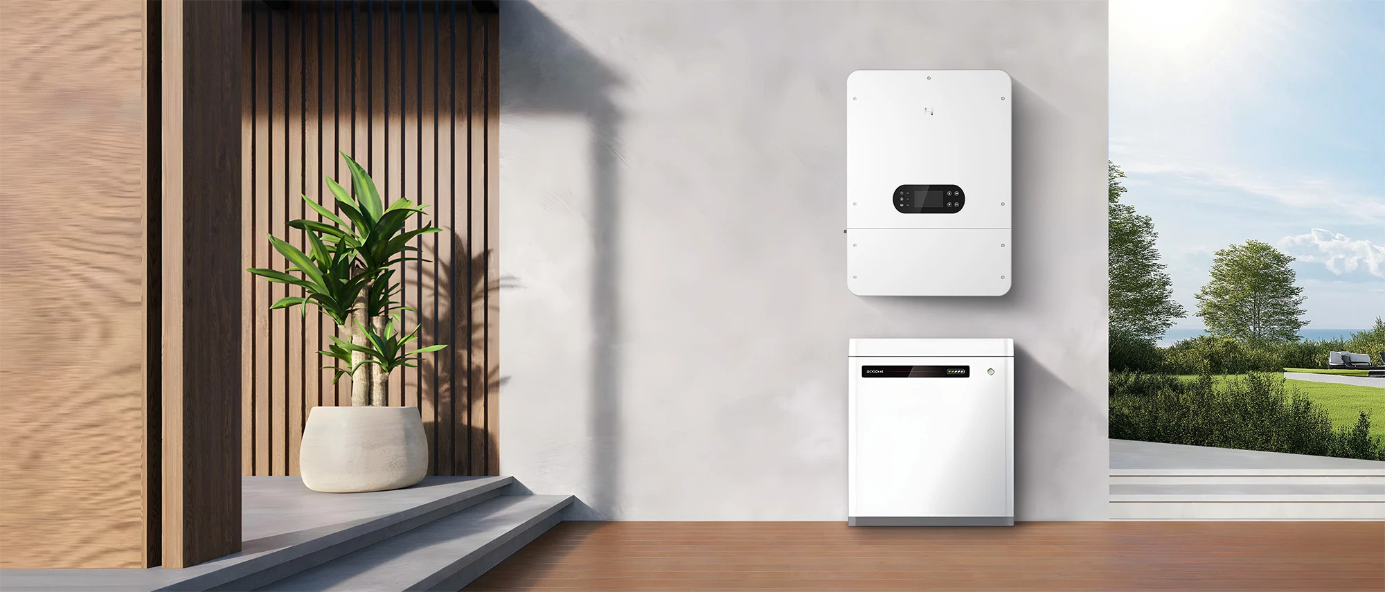 GoodWe ET LV residential solar storage system in real home scenario – 48V battery inverter with 4 MPPT, IP66 weatherproof outdoor installation, powering a suburban house day and night